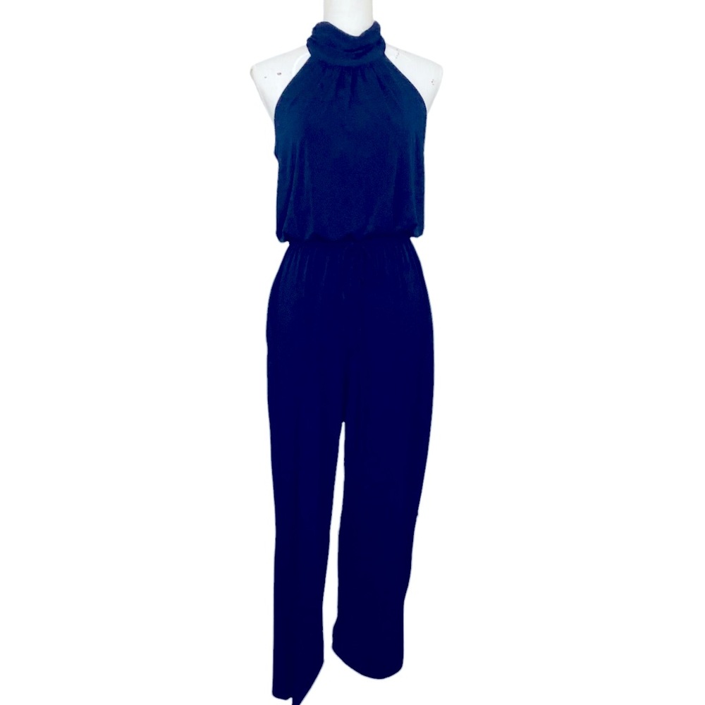 ENFOCUS STUDIO Navy Blue Sleeveless Halter Elastic Tie Waist Stretch Jumpsuit 6